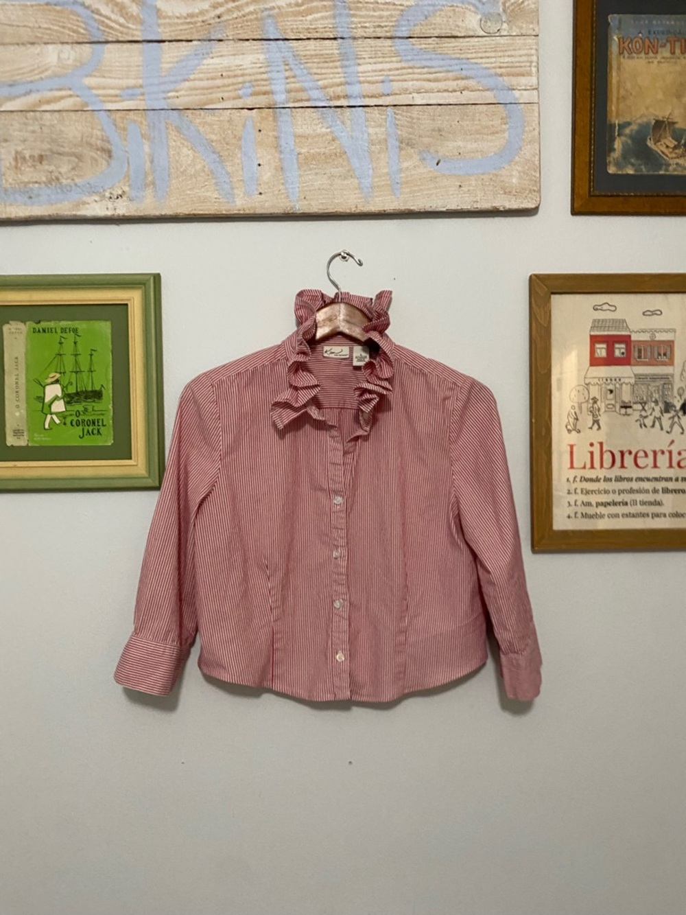 Kim Rogers Rose-Striped Ruffle Neck Button-Down Blouse